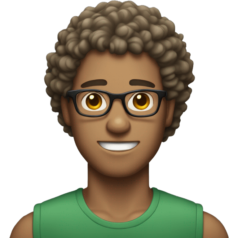 guy with fair skin, curly hair, braces, glasses, and biceps emoji