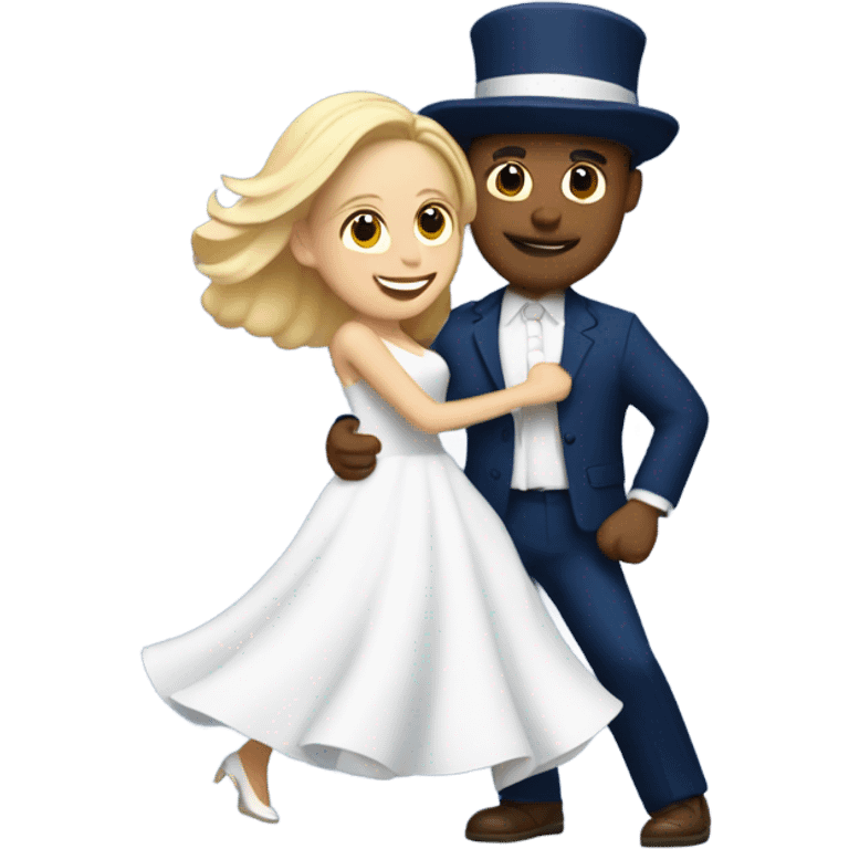 Puerto rican beard short hair with blue hat and navy blue suit first dance with blond long hair girl with white  wedding dress  emoji