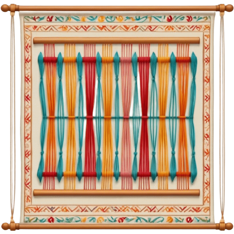 Tapestry icon, woven fabric with intricate patterns, weaving loom, colorful threads, detailed design, minimalistic style, clean lines, transparent background. emoji