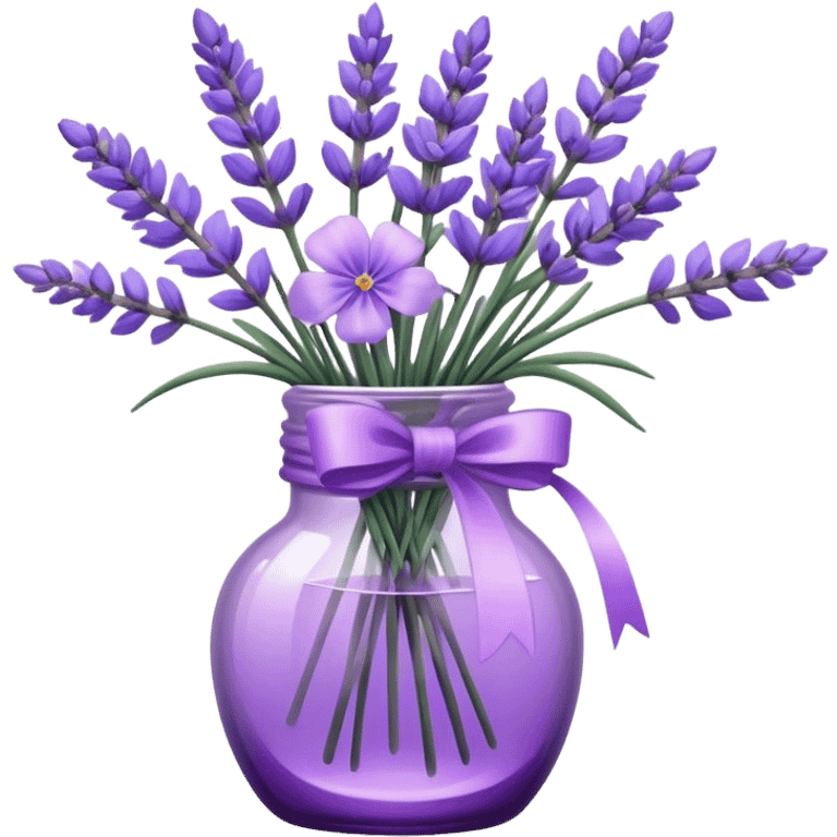 aesthetic bow in light purple , purple glass bottle and in it a beautiful bouquet of lavender emoji