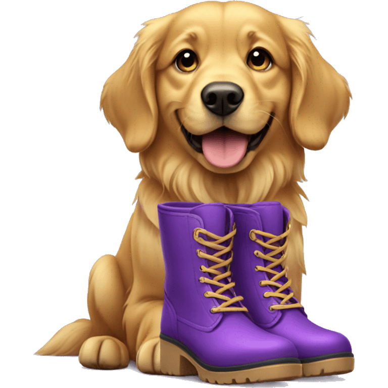 Golden retriever wearing purple boots emoji