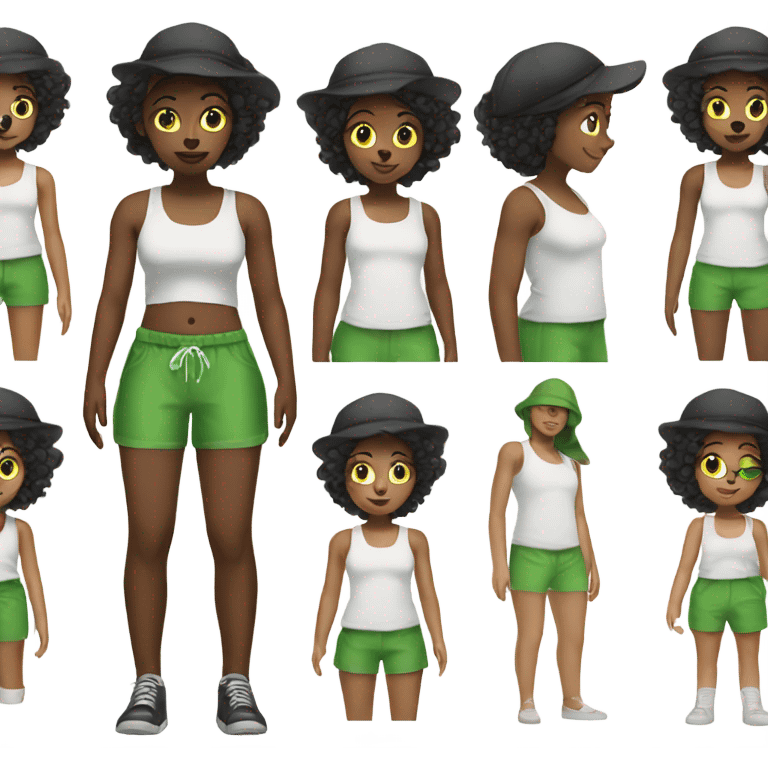 Black girl in white tank top, green shorts and black bonnet emoji