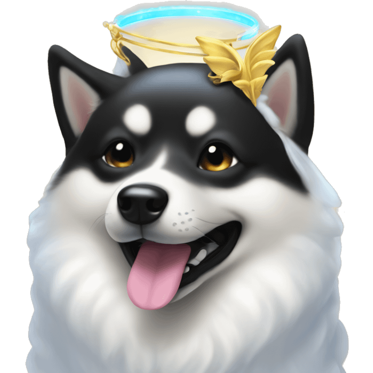 Black Shiba Inu angel | face | fantasy | halo | innocent | smiling face with halo emoji