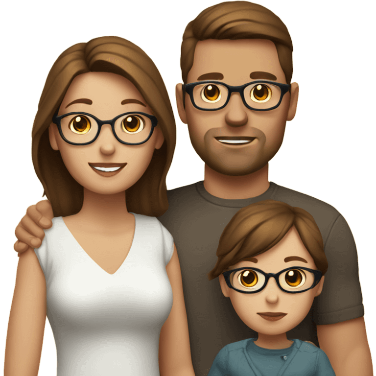 A white couple with brown hair. The main is wearing glasses with his arm around the wife. And the wife is holding a baby girl emoji