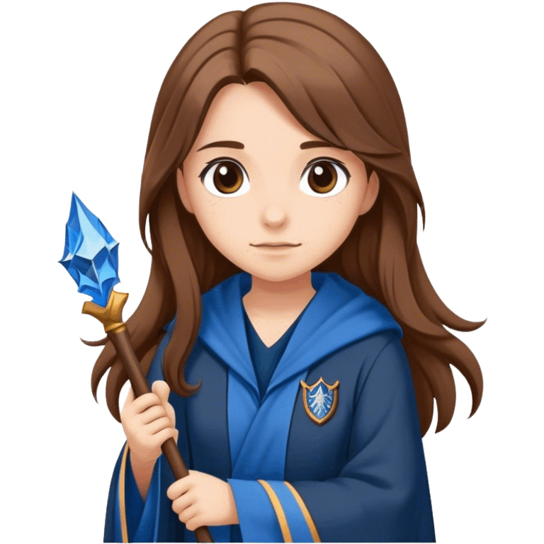 Girl with Long Brown Hair and a ravenclaw rope and a wand emoji