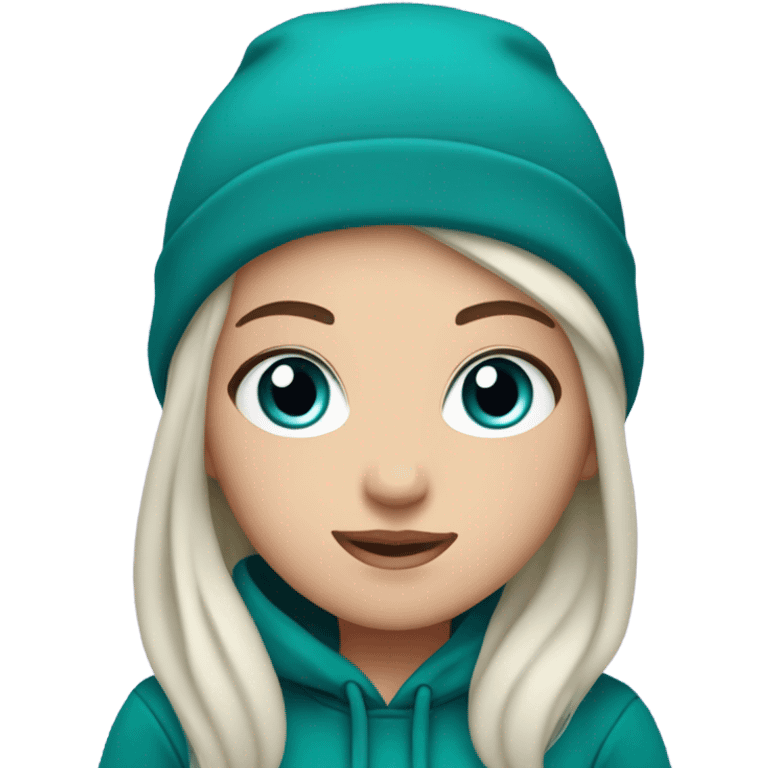 White girl, blue eyes, long teal hair, purple beanie hat, black hoodie emoji