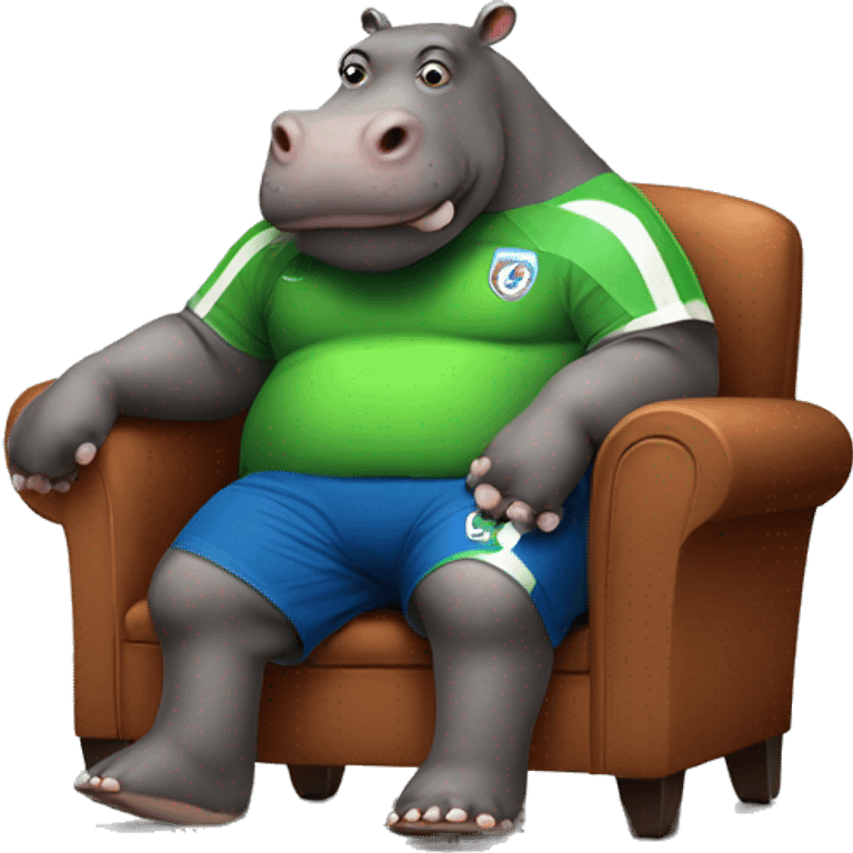 fat hippo as soccer player sit on chair emoji