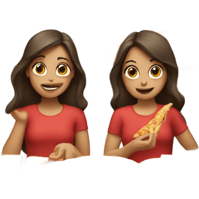 Brunette twin girls eating pizza emoji