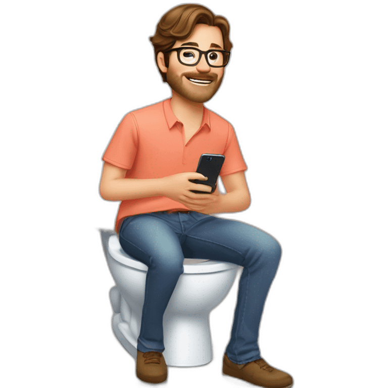 man with brown hair, octagonal glasses, and salmon colored shirt sitting on the toilet, holding a phone in one hand and a cocktail in the other hand. Sitting on the toilet in the bathroom emoji