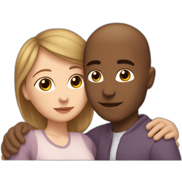 A mixed race man with very little hair kissing a white woman with brown hair, Who embrace each other tenderly emoji