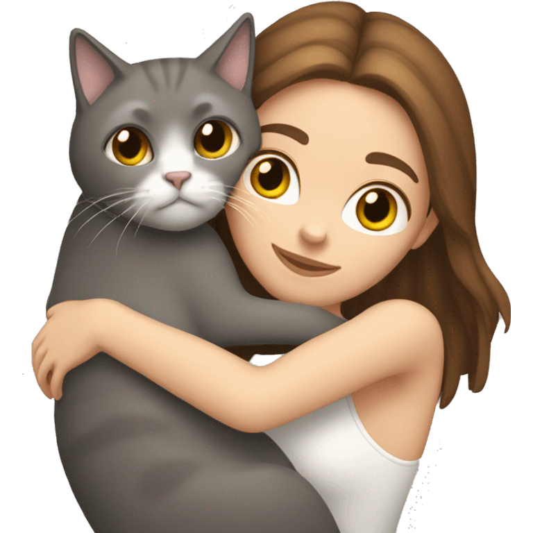 White girl with brown hair hugging grey cat emoji