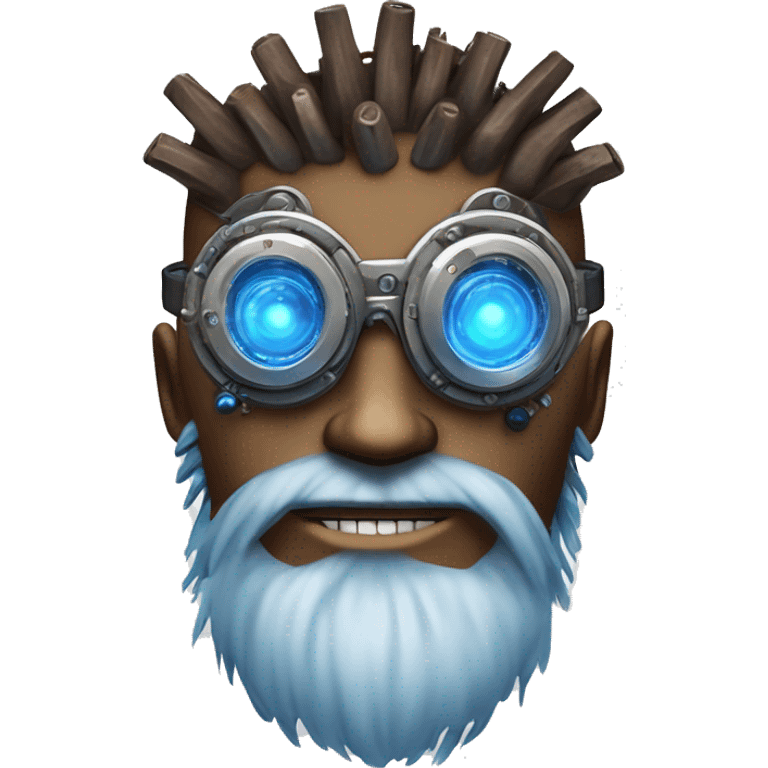 Brown cyborg head with blue Mohawk, blue beard, silver steampunk monocle goggles a smile and circuits emoji