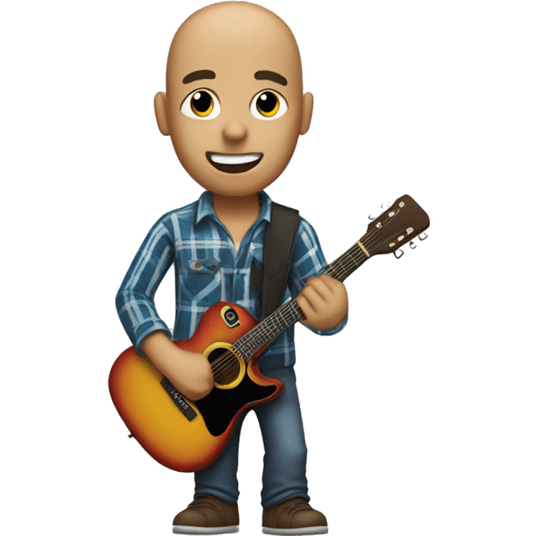 bald guy holding a guitar with a hat in his head and plaid shirt on rocking out emoji