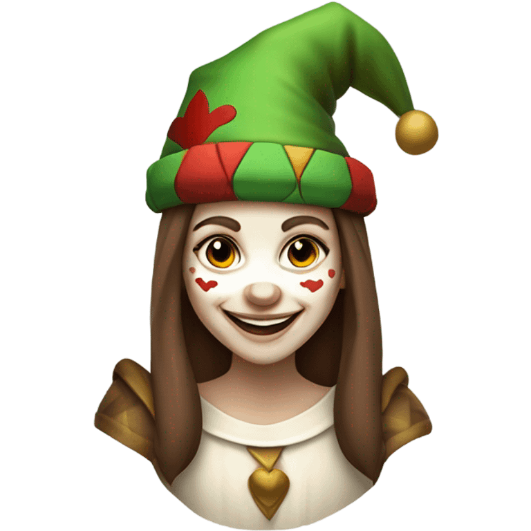 white skinned smiling medieval jester girl with clown face paint wearing a medieval jester hat with straight long brown hair with a big smile  emoji