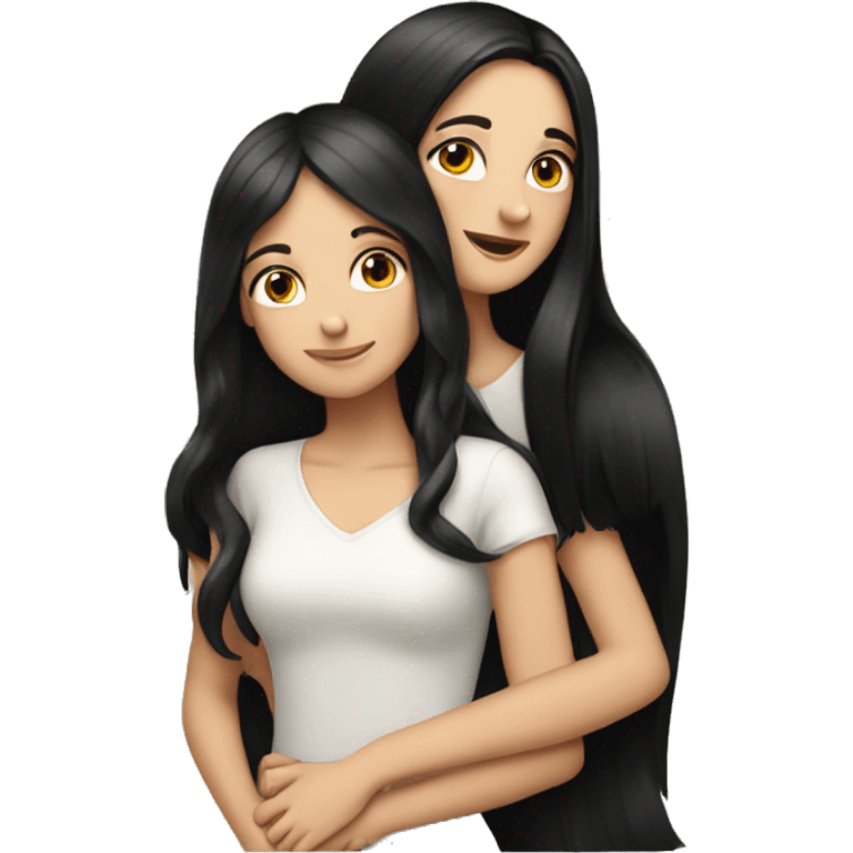 Two white girls with long black hair hugging. emoji