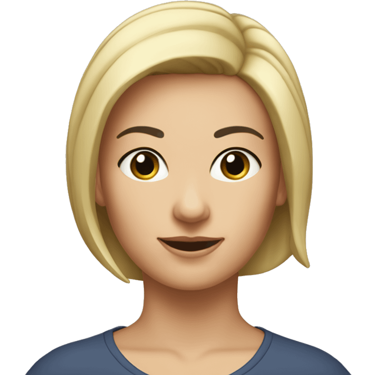 A head and shoulders shot of a 40 year old caucasian woman with black short hair wearing a tshirt. emoji