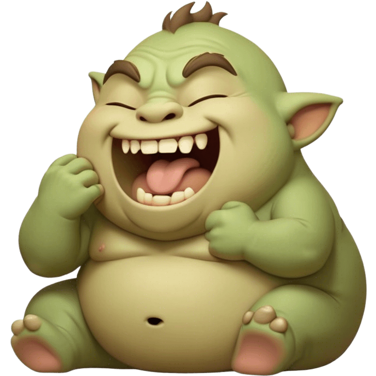 Cinematic Cute Yawning Ogre Portrait Emoji, with a surprisingly cuddly, rotund figure in soft earthy greens and browns, head tilted back in a big, gentle yawn exposing a set of comically oversized teeth, simplified yet irresistibly adorable, highly detailed with a soft glowing outline that captures the sleepy charm of a friendly ogre after a long day of gentle mischief! emoji