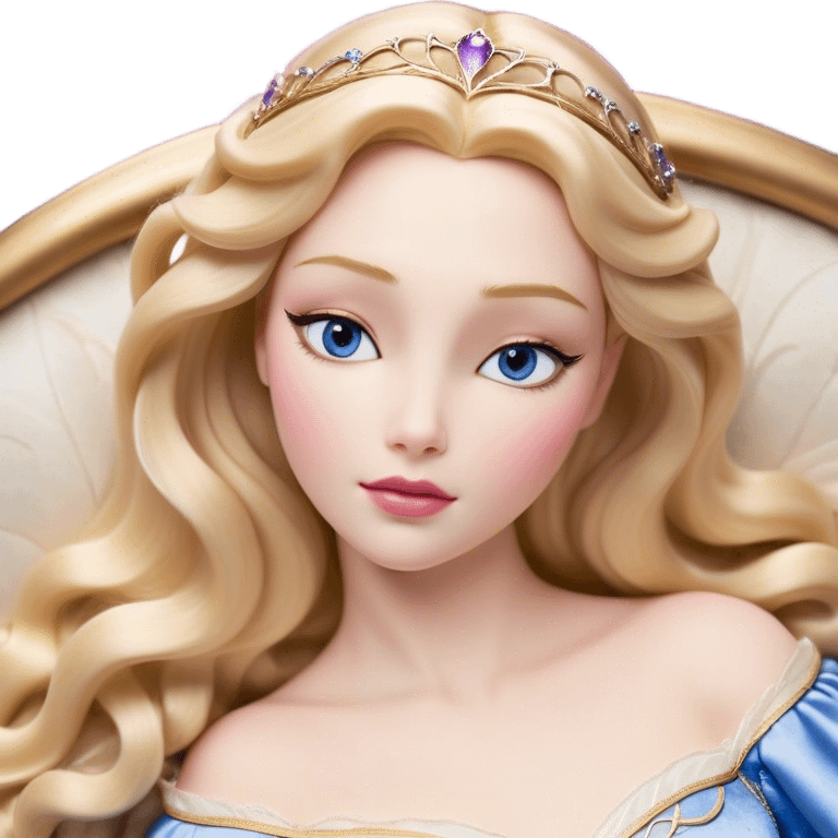 Cinematic Realistic Sleeping Beauty (Aurora) Portrait, with porcelain-like skin featuring a natural rosy flush, illuminated by soft lighting that highlights the gentle contours of her face. Her golden blonde hair flows in soft, detailed waves with subtle highlights that shimmer in the light. Her deep violet-blue eyes radiate warmth and innocence, framed by arched brows and long lashes. Her serene expression exudes quiet elegance. She is dressed in her classic pink gown, the fabric rich in texture with delicate folds that catch the light. A golden crown rests atop her head, gleaming with royal refinement. The portrait captures a soft, glowing aura, blending realism with an ethereal sense of beauty and timeless enchantment. emoji