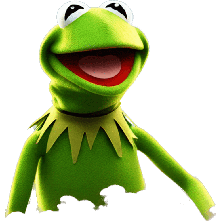 Kermit the frog, happy, light, surrounded by a blue sky on a flower field. a beautiful light theater stage cinematic lighting, Ultra 4k HD, illuminated by irridescent moss emoji