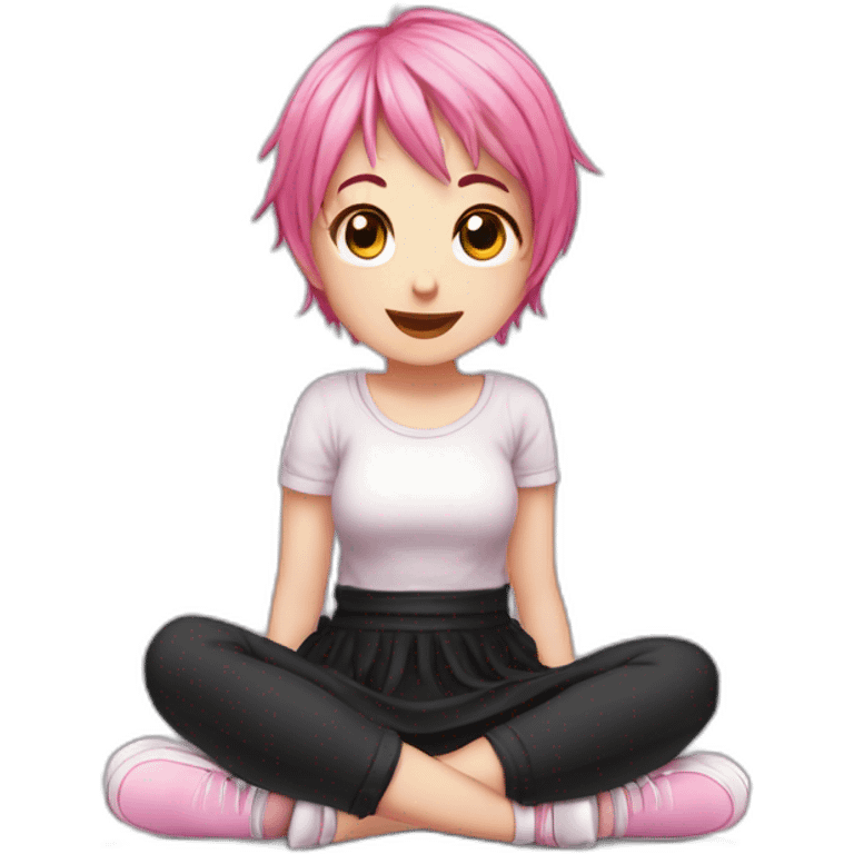 Full body Front view curvy emo girl pink hair sits on the floor straight view hands up black skirt белые трусики полосатые рваные чулки emoji