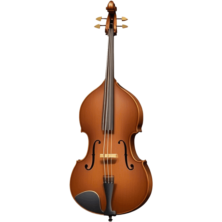 Create an elegant and refined emoji representing a double bass. The design should showcase the tall, curved wooden body of the double bass with its rich brown finish and visible details such as the tuning pegs, fingerboard, and bridge. Highlight the thick strings and the prominent scroll at the top of the neck. Add a bow resting near the instrument to emphasize its role in classical music. Use deep wood tones like chestnut brown and subtle gold or silver accents for the tuning pegs and strings. The background should be transparent. emoji