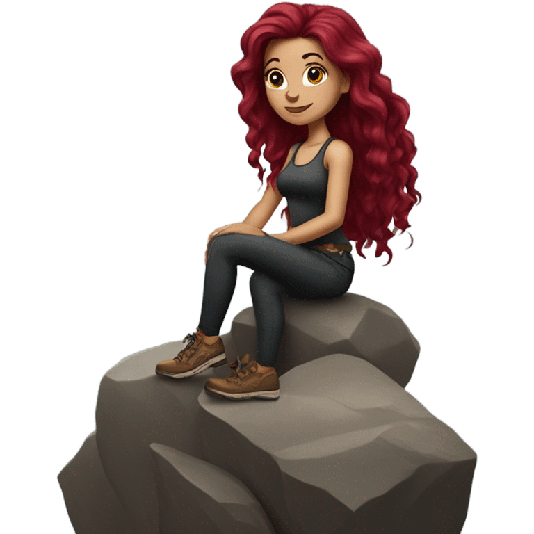 Beautiful tattooed woman long burgundy hair climbing rocks emoji