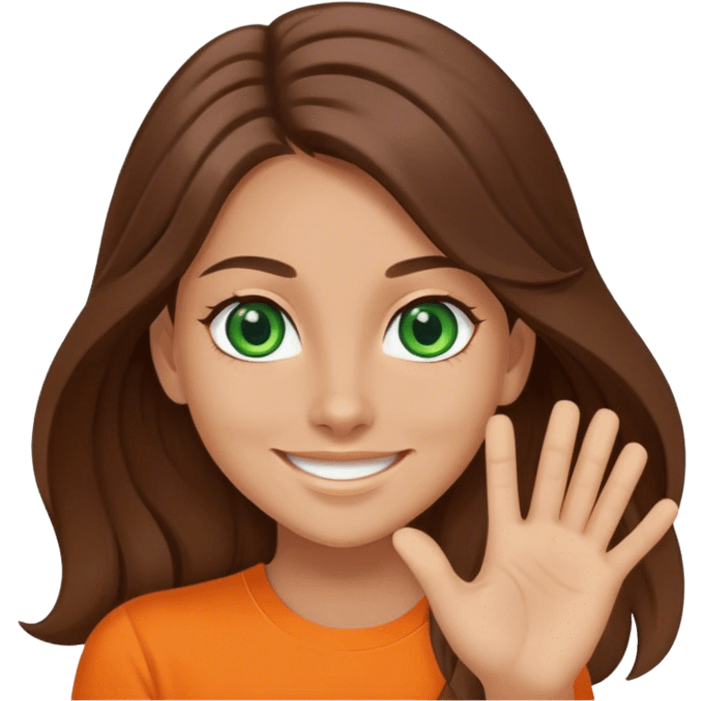 smiling girl with long brown hair, middle hair split, waving, green eyes, orange shirt emoji