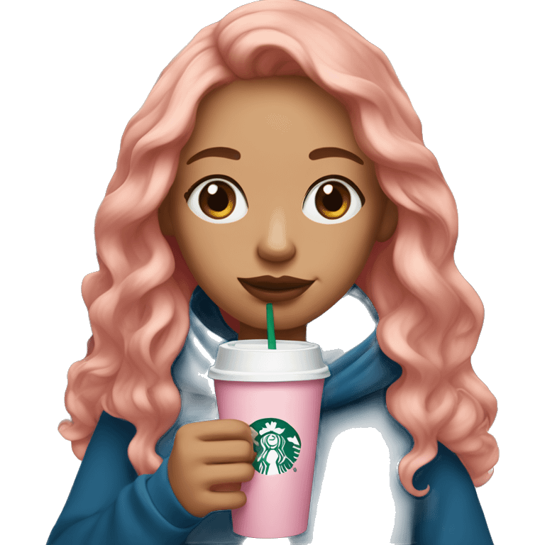 Girl with strawberry blonde hair, freckles under her eyes, dark blue eyes, a pink hoodie, holding a Starbucks cup emoji