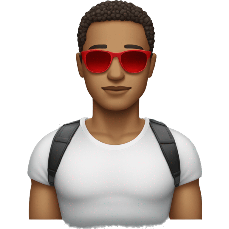 Lightskin man with a red shirt Versace sunglasses and a shape up emoji