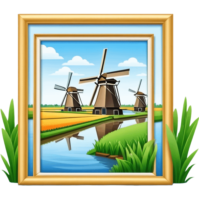 Cinematic Realistic Kinderdijk Windmills Landmark Emoji, showcasing traditional Dutch windmills aligned along a tranquil canal, with lush green fields, soft ripples in the water. emoji