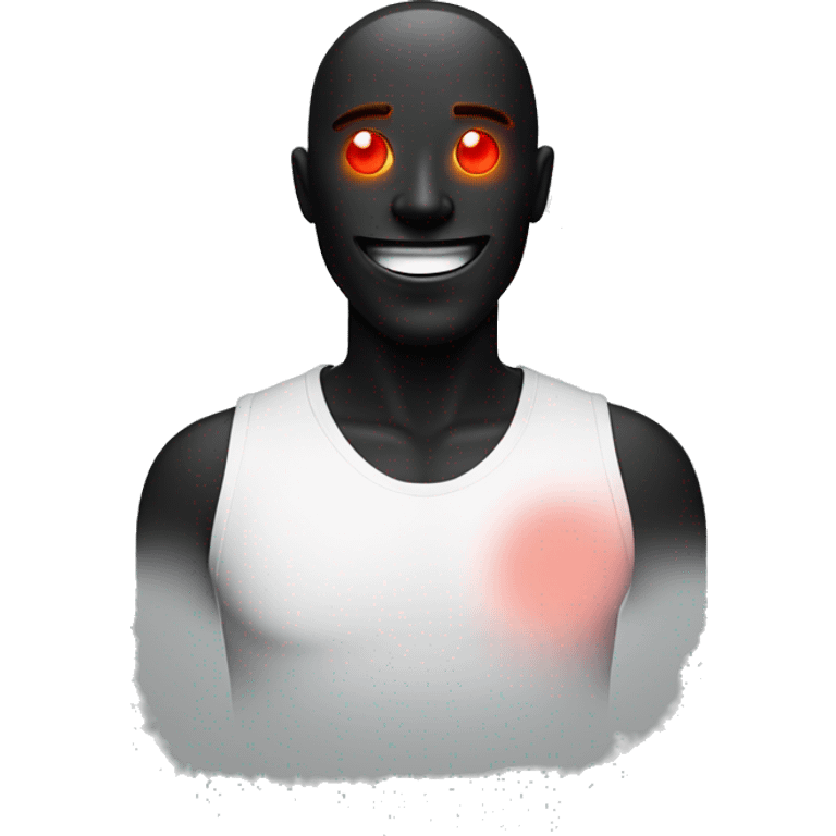 A man with a happy face but a black figure behind him with a red glowing eye emoji