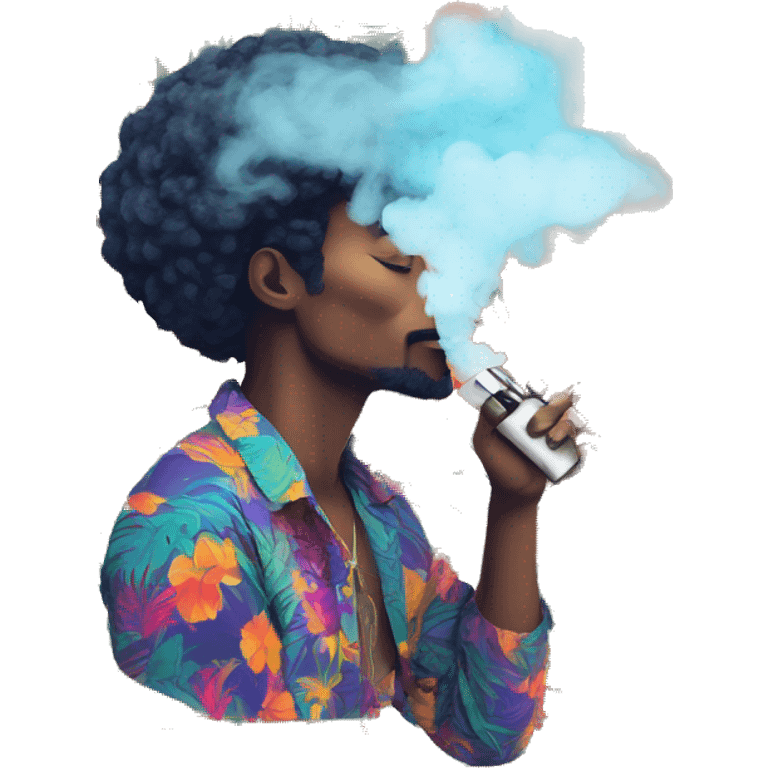 Person vaping wearing a colourful vibrant tropical patchwork of intricate vintage patterns, vape emoji