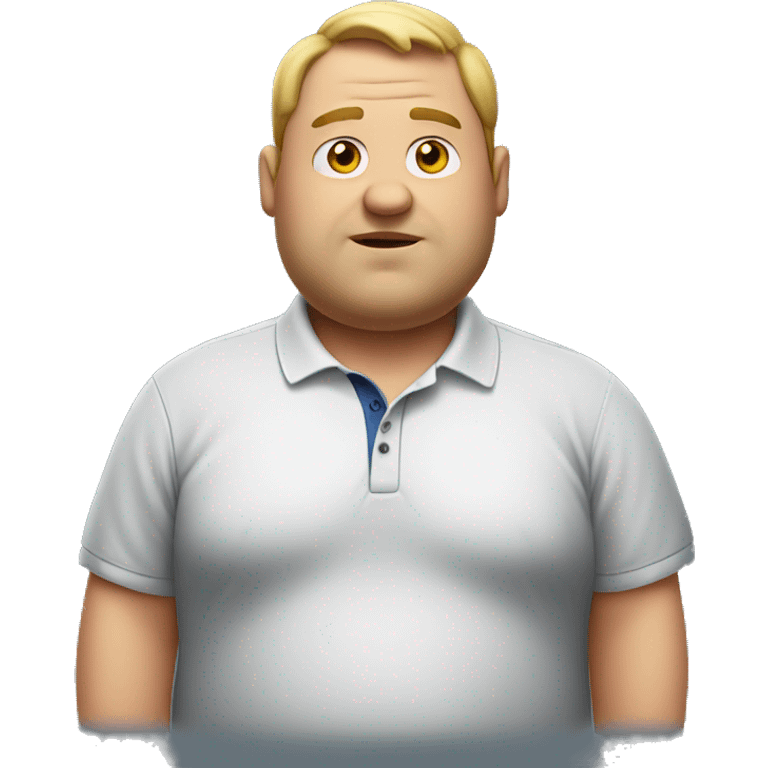 a fat man wears a polo shirt with fat text emoji