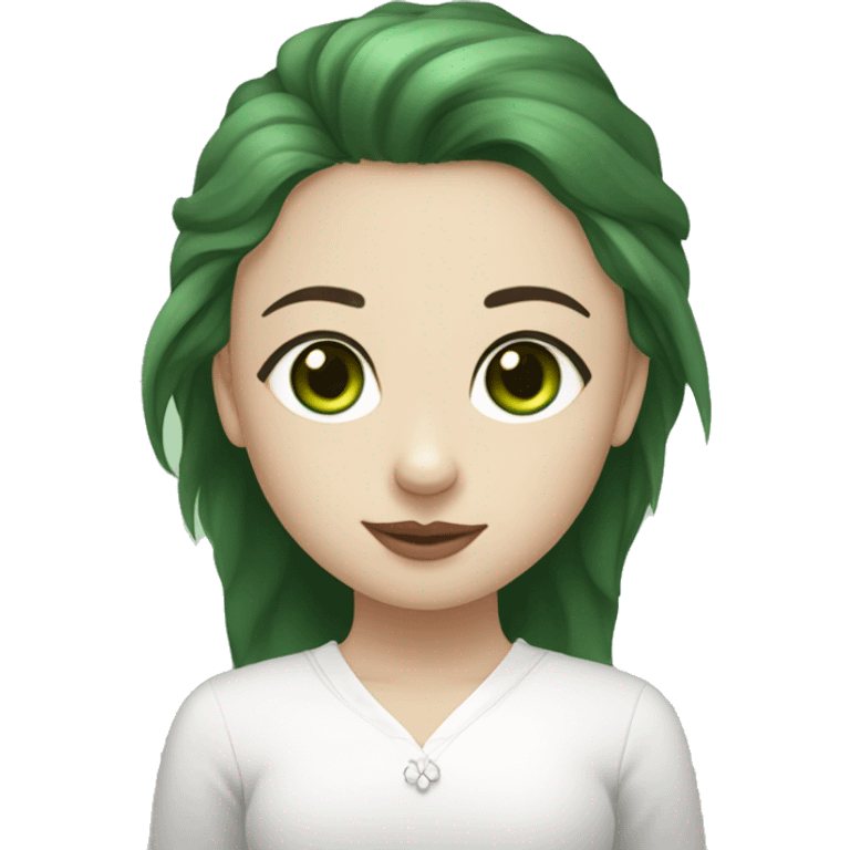 white spitz with green eyes in the arms of a girl. the girl has dark hair, light strands near her face. green eyes, wide eyebrows emoji