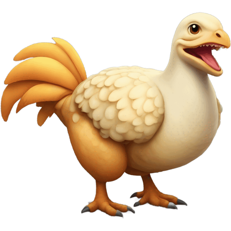 A dinosaur riding a chicken emoji