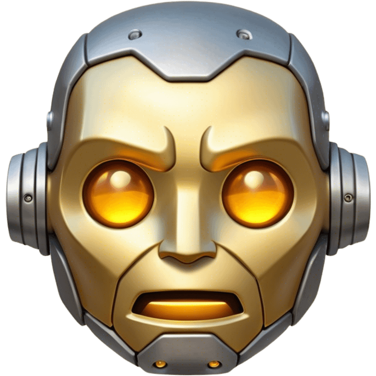 Cinematic Cute Mighty Iron Golem Portrait Emoji Head tilted playfully and inquisitively, featuring a sleek yet sturdy metal form with smooth, polished steel plating and glowing golden engravings, accented by faintly humming energy veins that pulse with life; rendered with lifelike clarity and soft, natural reflections, high shine, charming yet robust, styled with a touch of whimsical fantasy, soft glowing outline, capturing the essence of a watchful yet endearing golem, as if it might shift its massive head with a slow, thoughtful nod at any moment! emoji