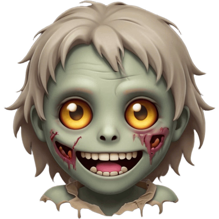 Cinematic Cute Zombie Portrait Emoji, with a delightfully quirky, slightly disheveled face in muted ashen hues, featuring quirky bright eyes and a playful, stitched-together smile, simplified yet irresistibly charming, highly detailed with a soft glowing outline that captures the adorable, offbeat spirit of a zombie who’s more cute than creepy! emoji