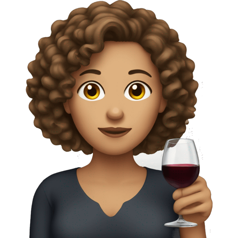 Woman with curly brown hair drinking wine emoji