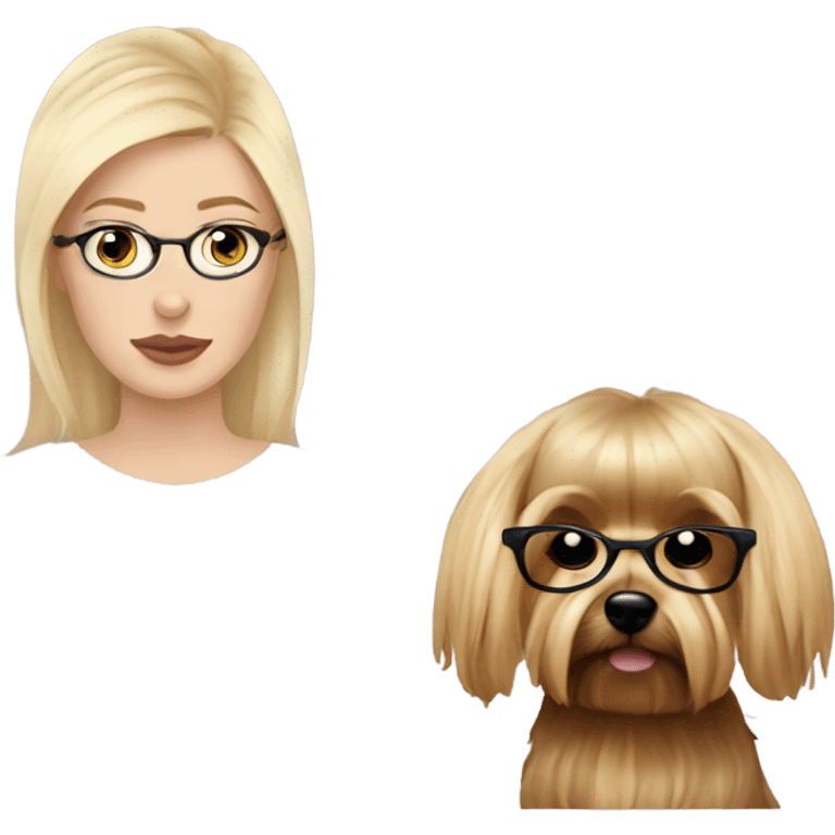 White girl, blonde hair, eyes closed, wearing glasses kisses Yorkshire terrier  emoji