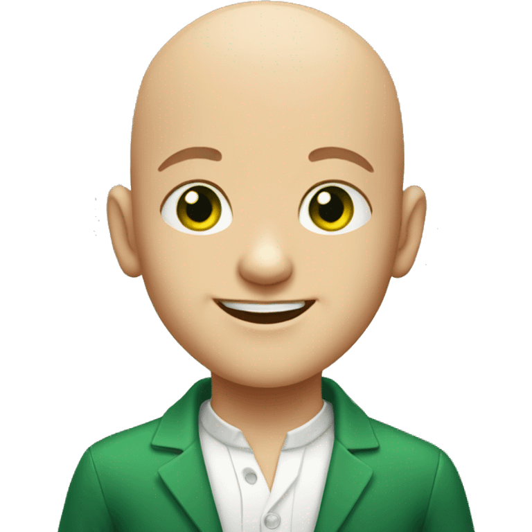 bald boy smiling portrait with bright green eyes emoji