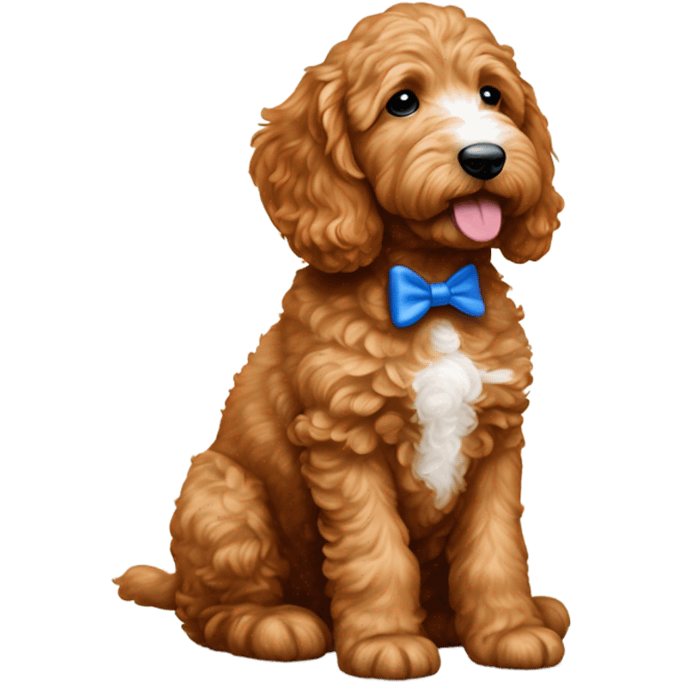 Red goldendoodle puppy white nose and chest blue bow in ear  emoji