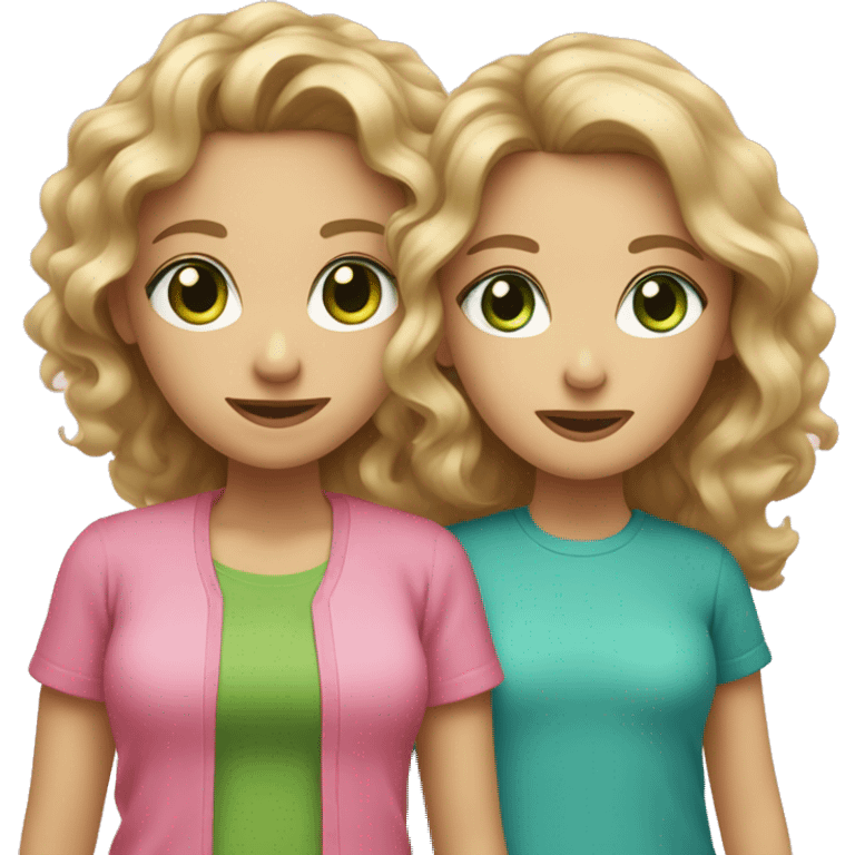 mother with long straight light brown and green eyes plus daughter with long curly dirty blonde hair and blue  eyes, both with pink shirts emoji