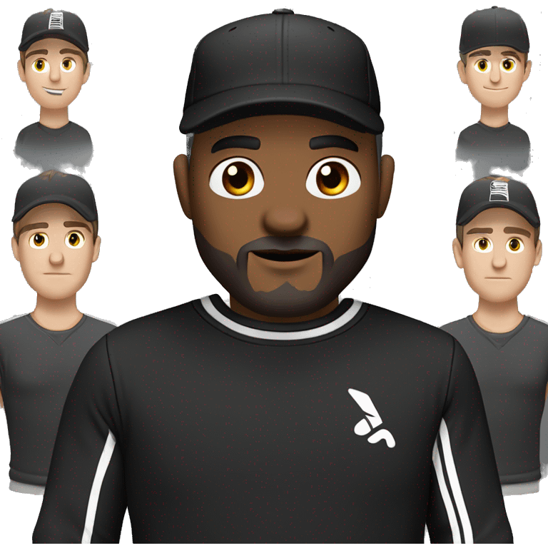 An adult pale male with stubble and a slightly gray beard, brown hair, black eyes, wearing a black Reebok cap with a round emblem on his head, and a black sweater with three white stripes on the sleeves underneath. emoji