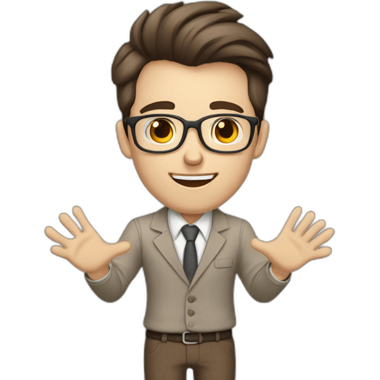 To belt Actively gesturing with hands Pale skinned fit man teacher with dark brown hair in gray jacket, beige office shirt, brown tie, brown pants and vintage glasses. emoji