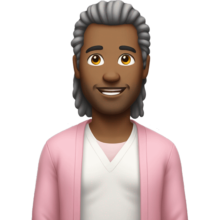 Man with mullet hair wearing white long tee and white long pants with pink cardigan emoji