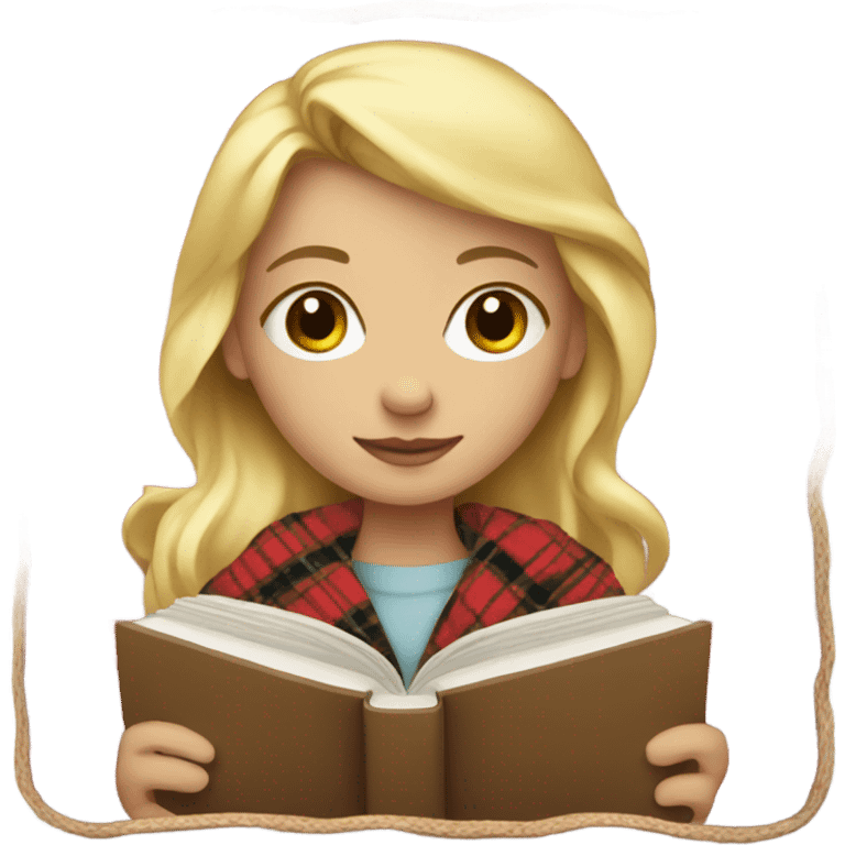 Blonde girl wrapped in plaid blanket holding a book emoji