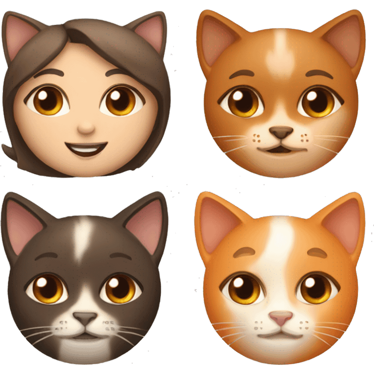 Girl with brown eyes and long brown hair with two cats on her sides: one orange and the other one Siamese emoji