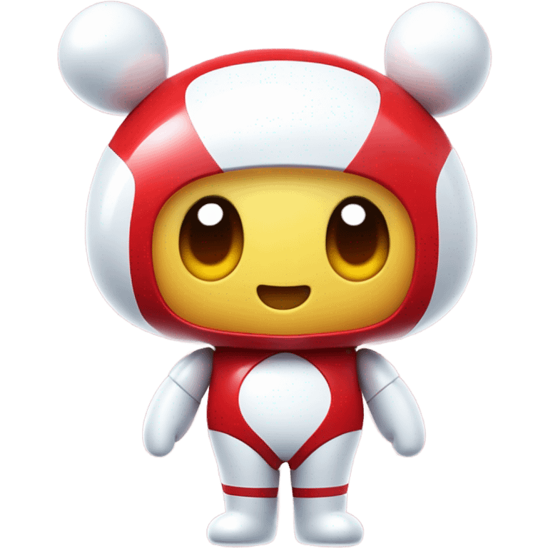 Very shiny full body character with pill capsule head with retro antennae and jetsons aesthetic sailor moon eyes  puffy body and welcoming waving arms Japanese animation inspired Anpanman with big boots and antennae red and white colors only emoji