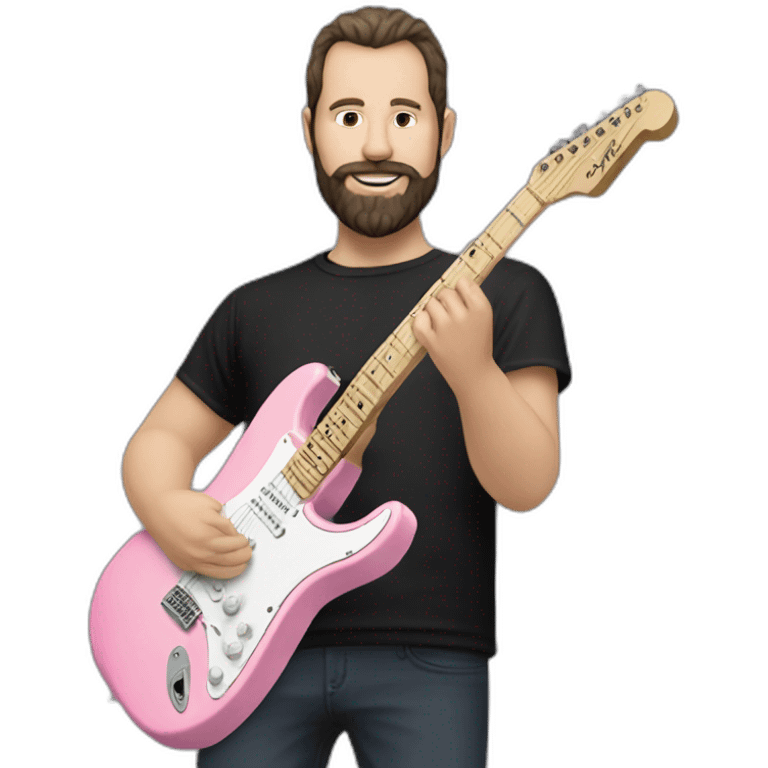 white man with dark beard and black t shirt and pastel pink stratocaster electric guitar emoji