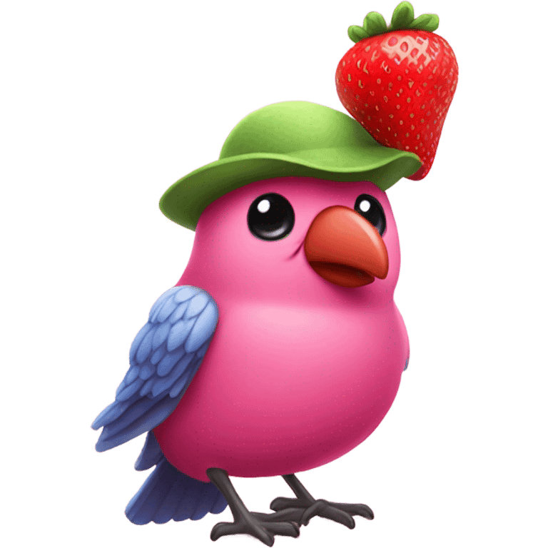 Pink bird  with a strawberry hat  emoji